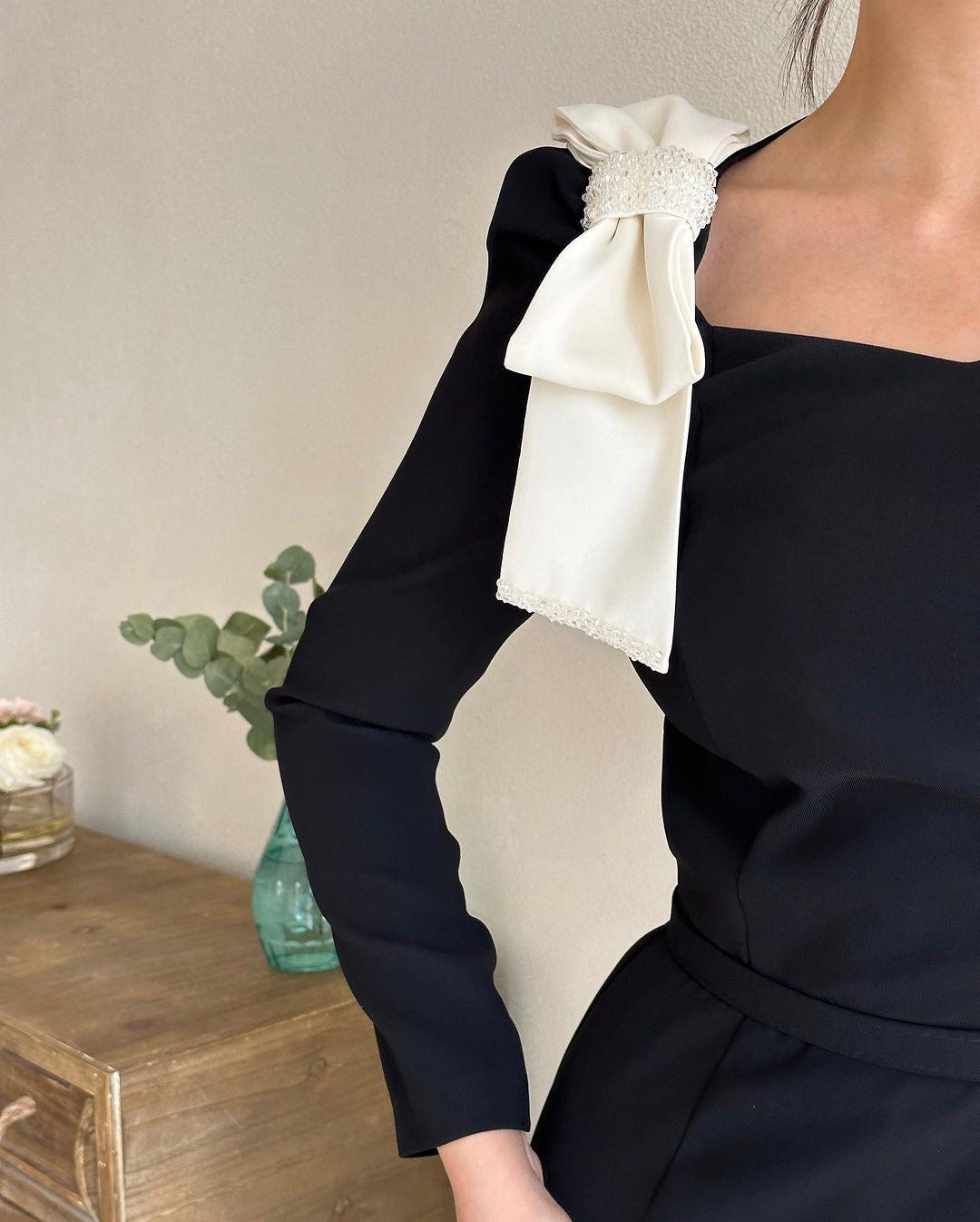 Black Shoulder Bow Dress